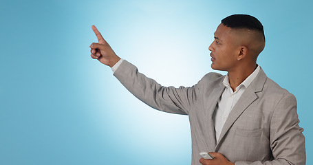 Image showing Weather forecast, pointing or man talking with hands for mockup space on blue background. Reporter, anchor or presenter in broadcast for presentation, climate change prediction or news in studio