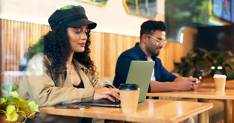 Image showing People coworking in cafe, typing on laptop and remote work, reading email or internet in restaurant. Computer, freelancer and copywriter in coffee shop, woman and man writing blog or article at table