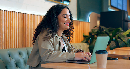 Image showing Cafe, smile and woman with a laptop, typing and connection with inspiration, brainstorming and planning. Person, freelancer and entrepreneur with a pc, coffee shop or project with copywriting or idea