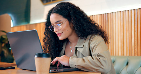 Image showing Cafe, thinking and woman with a laptop, relax and connection with inspiration, email and planning. Person, freelancer and entrepreneur with a pc, coffee shop or project with company website or app