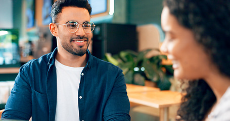 Image showing Man, glasses and dating with smile in coffee shop with girlfriend for lunch, food or bond. Mexican person, happy or excited for conversation, story or listen for quality, time or care in relationship