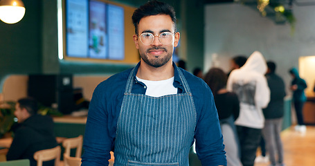 Image showing Portrait, man or employee with smile in coffee shop for small business, management or work. Male waiter, glasses and confidence in apron by entrance for welcome, customer and restaurant for service