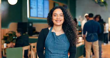 Image showing Portrait, happy woman and waitress in coffee shop, store or restaurant for retail service. Face, smile or barista in cafe, worker and employee in apron, entrepreneur or small business owner in Mexico