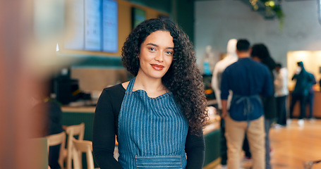 Image showing Portrait, happy woman and barista in coffee shop, store or restaurant for retail service Face, smile and waitress in cafe, worker and employee in apron, entrepreneur or small business owner in Mexica