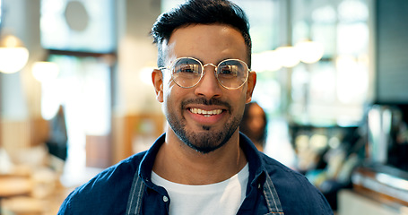 Image showing Portrait, happy man or business owner with smile in coffee shop for startup, career or service in hospitality. Mexican person, face and glasses with excitement for vision of cafe, restaurant or store