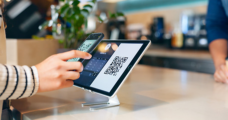 Image showing Hands, phone and qr code in coffee shop, payment and fintech app with pos, deal and services with scanning in store. People, smartphone and machine for point of sale, banking and barcode in cafeteria