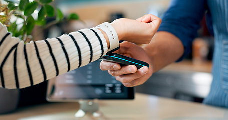 Image showing Smart watch, machine or hands of customer in cafe with cashier for shopping, sale or checkout. Coffee shop, bills or closeup of person paying for service or payment technology in restaurant or diner