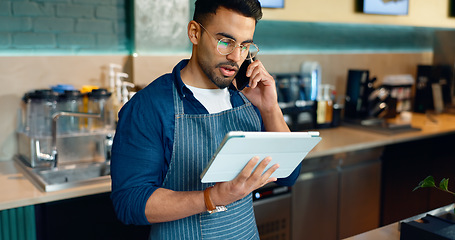 Image showing Waiter, phone call and tablet for restaurant communication, online management or customer service in cafe. Small business owner, barista or cashier man on mobile and digital tech for coffee shop data