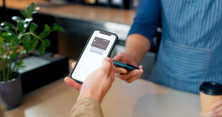 Image showing Fintech, phone or hands of customer in cafe with cashier for shopping, sale or payment in checkout. Machine, bills or closeup of person paying for service, coffee or tea drink in restaurant or diner