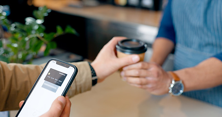Image showing Coffee, phone or hands of customer in cafe with cashier for shopping, sale or payment in checkout. Machine, bills or closeup of barista giving service, beverage or tea drink to a person in restaurant