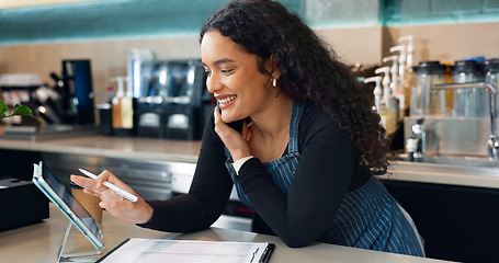 Image showing Tablet, happy woman or phone call for cafe order, restaurant logistics or supply chain management. Checklist, barista or manager talking in mobile communication for stock inventory in coffee shop