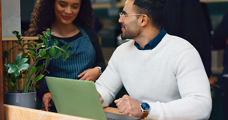 Image showing Coffee shop waitress, laptop and happy man, customer, remote work person smile for cafe barista service. Network connection, restaurant diner server and client with order, tea or morning hospitality