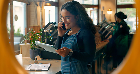 Image showing Phone call, cafe or happy woman on tablet for small business logistics or social media update. Manager, coffee shop or barista reading price list on technology for an order in restaurant or website