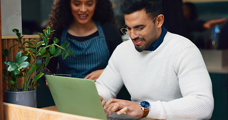 Image showing Waitress, laptop and coffee shop man, client, remote work person typing, working and cafe barista with drink order. Research computer, restaurant diner server and customer with hospitality service