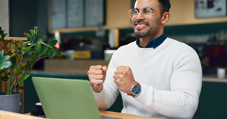 Image showing Coffee shop smile, laptop and man celebrate online research success, freelance project achievement or wow data report. Excited winner, diner cafe and customer happy for hospitality news announcement