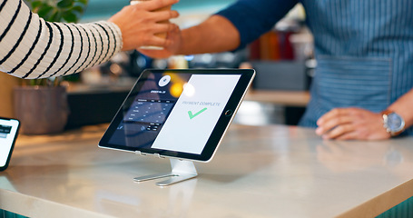 Image showing Coffee, tablet or hands of customer in cafe with cashier for shopping, sale or payment in checkout. Order, bills or closeup of barista giving service, beverage or tea drink to a person in restaurant