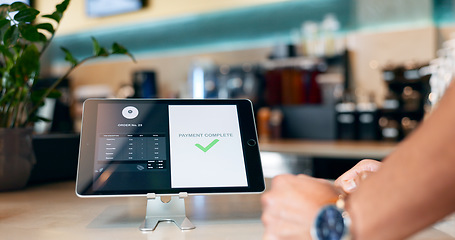 Image showing Business, restaurant and tablet for payment by online, internet or network for e commerce, fintech or digital. Technology, screen and customer for success in transaction with app for connectivity