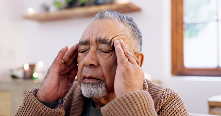 Image showing Senior man, headache and stress in retirement, anxiety and migraine at home, tension or pain. Elderly person, burnout and frustrated or worry, head and mental health or depression for loss and grief