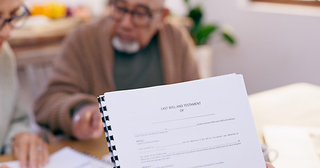 Image showing Will, paperwork and contract with consultation and life insurance information for senior couple. Testament, agreement and document for attorney process and legal review in print in a lawyer office