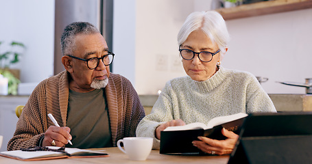 Image showing Senior couple, bible study and home with reading, writing and thinking with faith, worship or knowledge. Elderly woman, old man and interracial marriage with religion, notebook or spiritual education