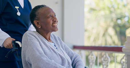 Image showing Woman, person with disability or wheelchair for help, balcony or support with smile, nurse or old. Retirement home, healthcare or elderly for medical, retired or worker for patient, caregiver or job