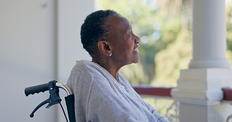 Image showing Senior woman, person with disability and balcony with smile, retirement home and alone. Wheelchair, healthcare and elderly for medical, relaxing and enjoying for patient, outdoor and rehabilitation