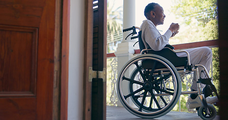 Image showing Senior woman, person with disability and balcony for retired, retirement home and alone. Wheelchair, healthcare and elderly for medical, relaxing and enjoying for patient, outdoor and rehabilitation