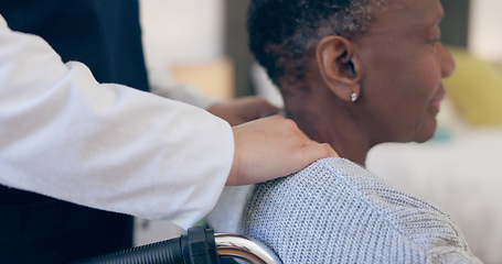 Image showing Woman, person with disability and retirement home for help, care or support with closeup, nurse or old. Wheelchair, healthcare or elderly for medical, retired or worker for patient, nursing or job