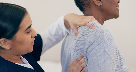 Image showing Senior, woman and nurse with back pain, health and checkup for healthcare or consultation at hospital. Elderly, person or chiropractor for physical therapy, examination or massage at clinic or physio