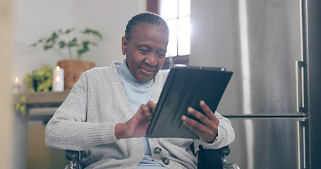 Image showing Old woman, wheelchair and tablet happy for online connection, internet reading or social media search. Black person, mobility assistance and digital typing or distance communication, email in kitchen