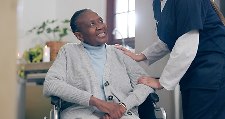 Image showing Senior woman, person with a disability and retirement home for help, care or support for empathy and nurse. Wheelchair, healthcare or elder for medical, retired or worker for patient, hands or job
