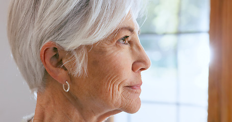 Image showing Senior, woman and face with thinking by window of memory, alzheimer and idea in retirement home with smile. Elderly, person and thoughtful with nostalgia, remember and relax in assisted living