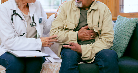 Image showing Doctor, senior man and hand on chest for cardiology exam, consulting or advice for pain on sofa. Medic woman, elderly patient or check for cardiovascular system, lungs or breathing on couch at clinic