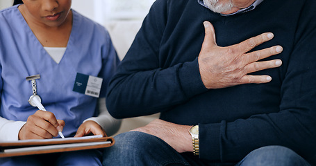 Image showing Nurse, patient consultation or person with chest pain, lung cancer and sick from heart infection, virus or tuberculosis. Closeup client, breathing problem and caregiver writing medical survey notes