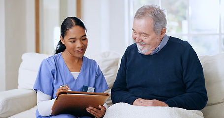 Image showing Nurse, elderly happy man and woman writing questionnaire answers, client feedback or nursing home patient assessment. Consultation service, retirement and caregiver test, exam or medical survey notes