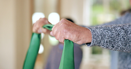 Image showing Hands, man and stretching resistance band for exercise, muscle or rehabilitation for strong arms in physio. Elderly, healthcare and person with equipment, workout or physical therapy training