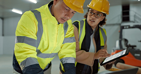 Image showing Engineer team, laptop and factory people cooperation on manufacturing design, online data or construction. Communication, tablet and partner collaboration on warehouse plan, strategy or project