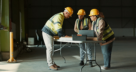 Image showing Planning, laptop or factory people, architect or team cooperation on manufacturing design, renovation or construction. Industrial, reading or group review warehouse plan, strategy or engineer project