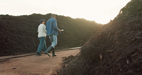 Image showing Woman, farmer and compost or business talking for agriculture company, plant growth or paperwork. Man, inspector and document for sustainable environment or land development, gardening or checklist