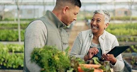 Image showing People, teamwork and tablet for greenhouse vegetables, agriculture and sustainability or gardening in agro business. Happy manager and food farmer on digital tech for harvest, farming and e commerce