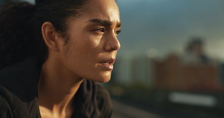 Image showing Woman, breathe and exhausted from exercise, run and fitness in outdoors, tired and fatigue. Female person, training and workout in city, cardio and mental health for challenge, performance and rest