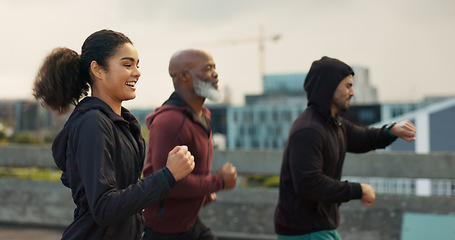 Image showing Runner group, friends and city on street with smart watch, progress and happy for fitness, health or wellness. Men, woman and outdoor in metro road for workout, training and exercise with teamwork