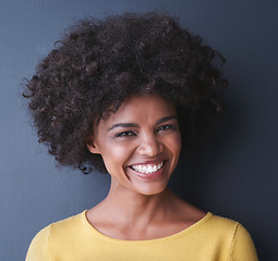 Image showing Happy, college student and portrait of black woman in studio, background and education mockup. African, face and person with smile for university, scholarship and happiness at academy for learning