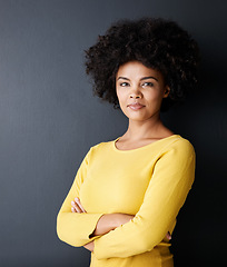 Image showing Black woman, confidence and portrait with arms crossed for fashion, style and pride in identity. Natural, hair and beauty with African model in studio, mockup space or person in gray background