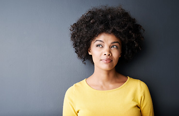 Image showing Thinking, black woman and face with ideas in studio and gray background with inspiration or info. African, person and college student planning a creative solution or problem solving in mockup space