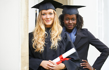 Image showing Graduation cap, students and friends for university achievement, success and celebration of diploma or certificate. Portrait of women in diversity for lawyer education, learning award and scholarship