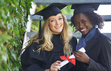 Image showing Graduation cap, students and women for university achievement, success and celebration of diploma or certificate. Portrait of friends in diversity for lawyer education, learning award and scholarship