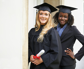 Image showing Graduation cap, students and friends for college achievement, university success and happy diploma or certificate. Portrait of women in diversity for lawyer education, learning award and scholarship
