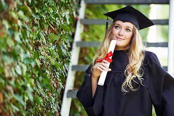 Image showing Student, graduation cap and woman thinking of future, university achievement and career choice or ideas. Graduate with education a diploma, law certificate and decision at outdoor campus or college