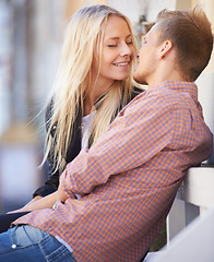 Image showing Couple, love or kiss in city with smile, relax or weekend date for romance outdoor in sun. English man, woman or bliss in connection in relationship, marriage or care in bond together in cambridge